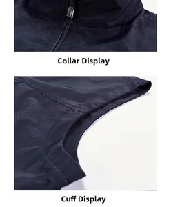 Detail of zipper collar with SPORTS logo and stitching on men outdoor vest