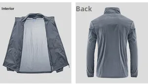 Detail view of lightweight grey sun protection jacket with breathable mesh lining and back design