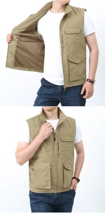 Detail of khaki outdoor vest showing breathable mesh lining and interior craftsmanship