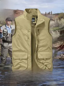 Detail of outdoor fishing vest with multiple zipper pockets and breathable mesh lining