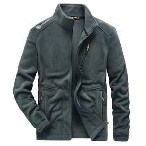 Men's dark grey fleece jacket with stand collar and orange zipper details for winter