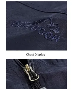 Macro shot of embroidered outdoor logo and metal zipper on ripstop nylon vest