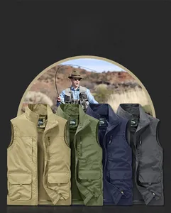 Close-up detail of outdoor utility vests in khaki, green, navy, and dark grey colors