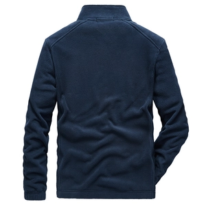 Back view of navy blue men's fleece jacket with stand collar and warm thick texture