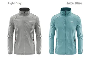 Detail view of lightweight sun protection jackets in light gray and blue with logo prints