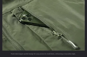 Detail of army green outdoor vest chest zipper pocket with a smartphone inside