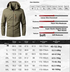 Size chart for men outdoor tactical jacket showing dimensions from M to 5XL for height and weight