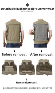 Detail of khaki outdoor vest showing detachable mesh back and zip storage pocket