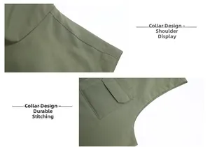 Detail of army green fishing vest featuring reinforced shoulder stitching and pocket design