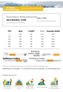 Detailed size chart for multi-pocket utility vest showing measurements from L to 5XL