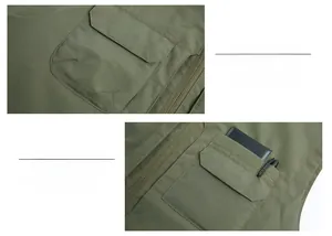 Detail of army green tactical vest featuring large cargo pockets for pen and wallet storage
