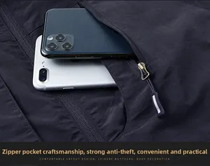 Macro shot of utility vest zipper pocket showing extra large storage for smartphones