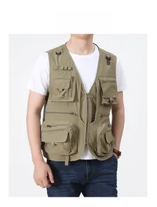 Detail of khaki tactical vest featuring multiple utility pockets and breathable mesh lining