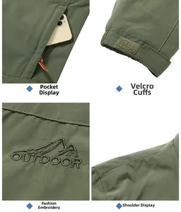 Dettaglio della giacca outdoor verde militare con ricamo, polsini in velcro e tasche