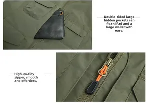 Detail of military green outdoor vest featuring large hidden pockets and quality zippers