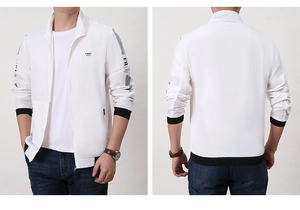 Front and back view of men's white quick-dry sports jacket with black ribbed trim