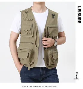 Close-up of khaki tactical vest details featuring utility pockets and durable zippers