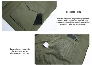 Macro detail of utility vest showing multi-pockets and breathable mesh lining