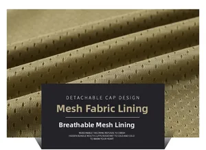 Detailed macro view of breathable mesh inner lining on khaki outdoor utility vest