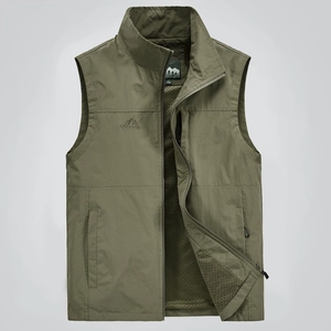 Men's outdoor army green vest with stand collar, zipper pockets, and mesh lining