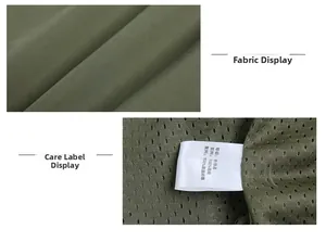 Detail of army green water-repellent nylon fabric and breathable mesh lining with wash label