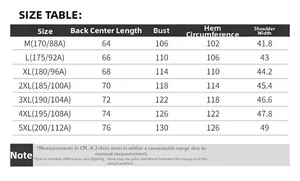 Detailed size chart for men's multi-pocket outdoor vest ranging from size M to 5XL