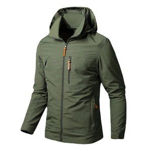 Men's army green outdoor hooded jacket with windproof design and chest zipper pocket