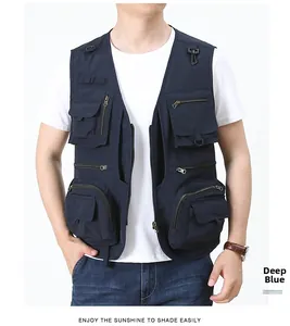 Front detail of dark blue tactical fishing vest with functional multi-zipper pockets
