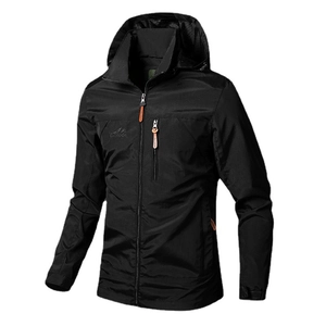 Men's black windproof hooded outdoor jacket with mountain logo and chest zipper pocket