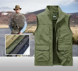 Detail view of military green multi-pocket vest featuring durable zippers and mesh lining