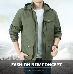 Detail of dark army green windproof jacket with multi-pocket design and adjustable hood