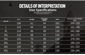 Detailed size chart for men's outdoor vest ranging from size M to 6XL with measurements