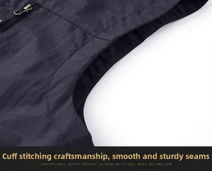 Close-up of durable sewing craftsmanship and smooth stitching on navy utility vest