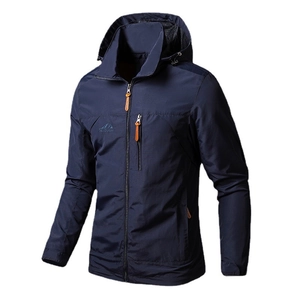 Men's navy blue hooded outdoor jacket with windproof fabric and mountain embroidery