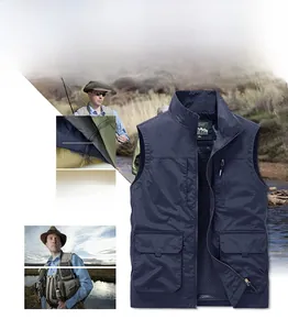 Detail of blue outdoor multi-pocket vest featuring breathable mesh lining and zipper