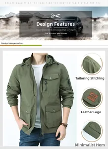Detail of army green hooded jacket showing fine stitching and utility pockets