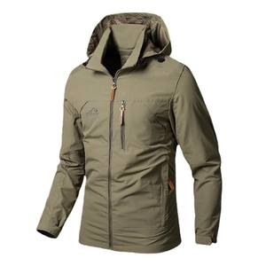 Men's military green outdoor windbreaker hooded jacket with mesh lining and chest embroidery