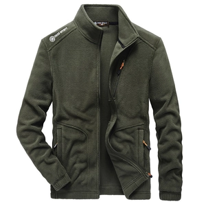 Men's olive green thermal fleece jacket with stand collar and orange zipper details