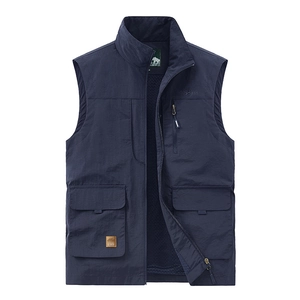 Dark blue multi-pocket outdoor vest with stand collar and breathable mesh lining