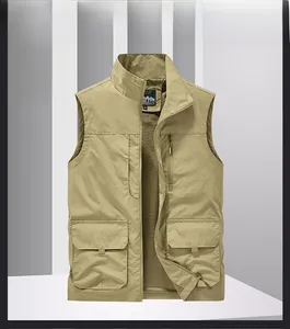 Close-up of khaki outdoor multi-pocket vest showing zip closure and mesh lining details