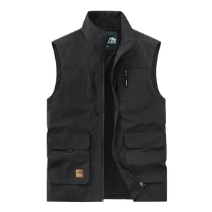 Men's lightweight black multi-pocket outdoor tactical vest with stand collar and zipper
