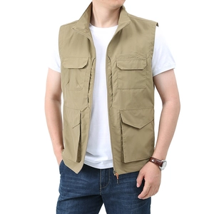 Men's outdoor utility vest with multi-pockets and stand collar in khaki finish