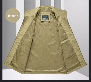 Close-up of khaki outdoor vest showing breathable mesh lining and interior detail