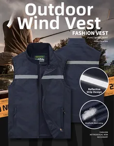 Detail view of water-resistant navy outdoor vest featuring reflective strips and mesh lining