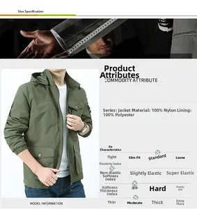 Detail specifications for men's outdoor jacket showing 100% nylon fabric and size chart