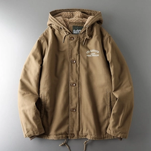 Men's tan workwear jacket with cozy sherpa lining and hooded design for winter warmth