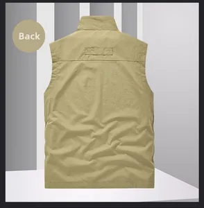 Back view of men's khaki outdoor utility vest with stand collar and reinforced stitching