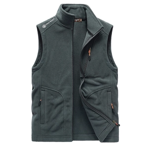 Men's dark gray polar fleece vest with stand collar and zipper pockets for outdoors