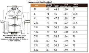 Detailed size chart for men's outdoor hooded jacket ranging from size M to 8XL