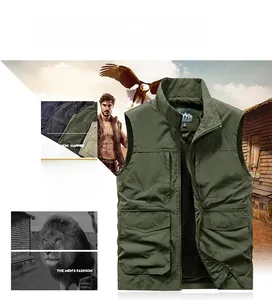 Detail showing army green fishing vest with multiple pockets and breathable mesh lining